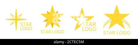 Ensemble d'étoiles jaunes plates abstraites, modèle de logo. Entreprise de marque de conception simple. Icône de forme différente, symbole réussi. Pictogramme de marque d'entreprise en forme d'étoile. Illustration vectorielle isolée Illustration de Vecteur