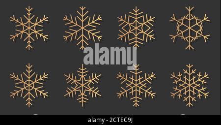 Ensemble de silhouettes élégantes représentant des icônes de flocons de neige dorés. Différentes formes de neige tendance, dégradé doré. Éléments décoratifs pour la bannière Joyeux Noël et Bonne Année. Illustration vectorielle isolée Illustration de Vecteur