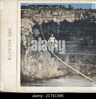 Blondin 1860. L'artiste de la corde raide 'Blondin' traverse la rivière., Blondin, 1824-1897, New York (État), Niagara Falls (N.Y. et ont Banque D'Images