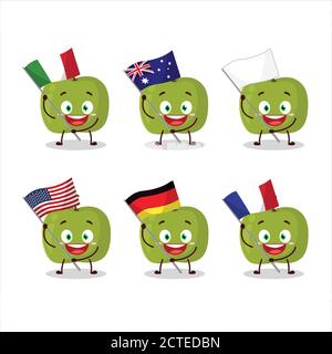 Le personnage de dessin animé de pomme verte apporte les drapeaux de divers pays Illustration de Vecteur