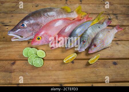 Poisson frais des Caraïbes, fruits de mer sur une ancienne table en bois. Vue de dessus. Gros plan. Banque D'Images