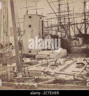 En regardant le long des quais, depuis le marché Fulton, où se trouvent des silos à grains flottants., 1860, New York (État), New York (N.Y.), New York, Manhattan (New York, N.Y.), New York Harbour (N.Y. et N.J Banque D'Images