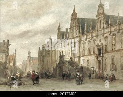 Behr Carel Jacobus - Gezicht Op Het Stadhuis Van Leiden - Ecole néerlandaise - 19e siècle Banque D'Images