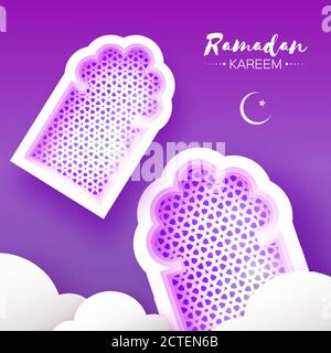 Fenêtre de la Mosquée violette Ramadan. Carte de vœux Origami Ramadan Kareem. Modèle arabesque arabe. Nuage de papier coupé. Le mois Saint du musulman. Croissant de lune. SY Illustration de Vecteur