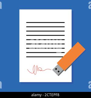 Concept de signature numérique. Feuille de papier blanche souscrite par clé USB. Illustration simple et plate d'un document et d'un périphérique électronique. Illustration de Vecteur