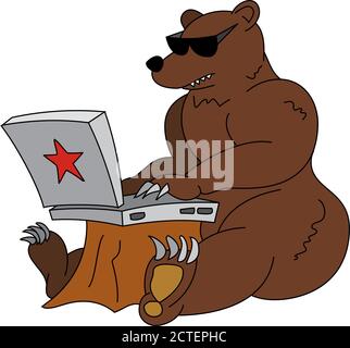 Illustration humoristique de hacker russe - ours brun en colère avec ordinateur portable Illustration de Vecteur