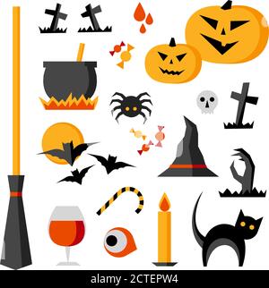 Ensemble d'articles vectoriels d'Halloween : citrouille, chauve-souris, chat, araignée, chou-fleur, crâne. Objets vacances isolés sur fond blanc. Illustration de Vecteur