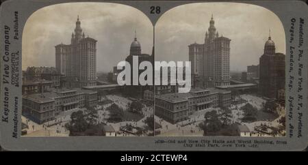 Old et New City Halls and World Building, depuis City Hall Park, New York City., 1865?-1925, New York (State), New York (N.Y.), New York, Manhattan (New York, N.Y. Banque D'Images