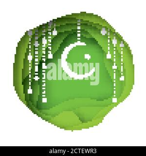 Ramadan Kareem carte de vœux avec symbole blanc arabe de l'Islam - Lune du croissant. Paysage de grotte Desert Green coupé en papier. Garland. Le mois Saint du musulman. Illustration de Vecteur