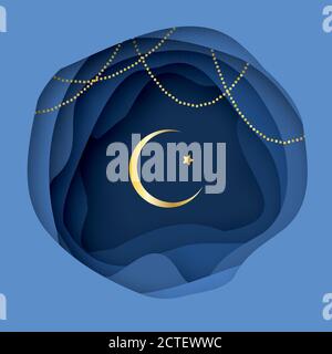 Ramadan Kareem carte de vœux avec symbole d'or arabe de l'Islam - Crescent Moon. Paysage désertique coupé en papier. Garland. Le mois Saint du musulman. Islamique Illustration de Vecteur