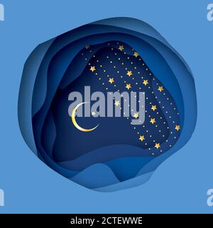 Ramadan Kareem carte de vœux avec symbole d'or arabe de l'Islam - Crescent Moon. Paysage désertique coupé en papier. Garland. Le mois Saint du musulman. Islamique Illustration de Vecteur