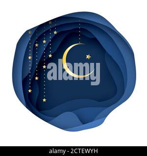 Ramadan Kareem carte de vœux avec symbole d'or arabe de l'Islam - Crescent Moon. Paysage désertique coupé en papier. Garland. Le mois Saint du musulman. Islamique Illustration de Vecteur