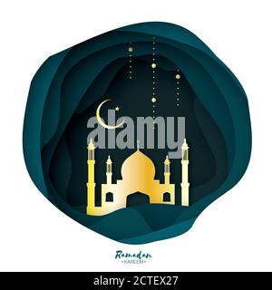 Carte de vœux de Ramadan Kareem avec mosquée arabe Gold Origami. Paysage désertique coupé en papier. Le mois Saint du musulman. Symbole de l'Islam. Croissant de lune. G Illustration de Vecteur