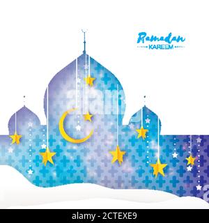Kareem de Ramadan. Mosquée à fenêtre arabe, désert, étoiles dorées en style papier coupé. Motif arabe. Croissant de lune. Le mois Saint du musulman. Symbole de l'Islam. Illustration de Vecteur