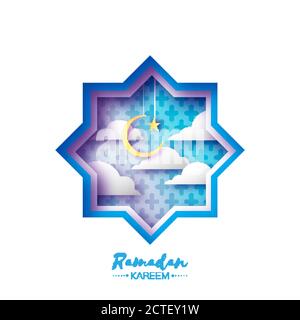 Fenêtre étoile mosquée origami Ramadan Kareem carte de vœux avec motif arabesque arabe. Le mois Saint du musulman. Symbole de l'Islam. Papier coupé art croissant M Illustration de Vecteur