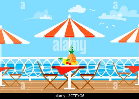 Restaurant House patio avec chaises de jardin et table avec parasol sur la terrasse balcon. Vue sur la mer. Paysage aquatique. Pique-nique avec ananas, CH Illustration de Vecteur