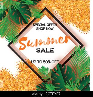 Feuilles de palmier tropicales, plantes. Bannière du modèle de solde d'été tendance. Papier coupé art exotique. Hawaïen. Texte. Cadre carré. Fond floral vert jungle W Illustration de Vecteur