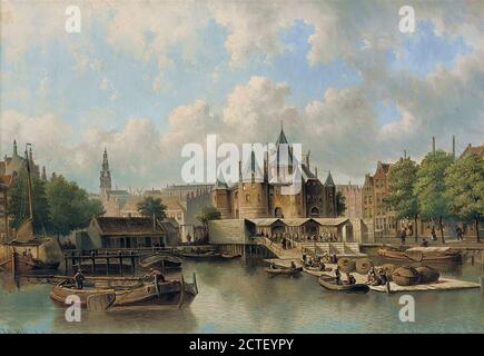 Hilverdink Johannes - le Nieuwmarkt avec le Waag Amsterdam - Dutch School - 19e siècle Banque D'Images