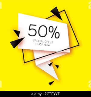 Bannière moderne de vente géométrique coupée en papier, offre spéciale, remise de 50 $. Modèle d'étiquette tendance Origami. Acheter maintenant. Espace pour le texte. Fond jaune Illustration de Vecteur