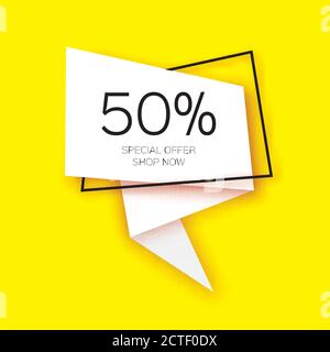 Bannière moderne de vente géométrique coupée en papier, offre spéciale, remise de 50 $. Modèle d'étiquette tendance Origami. Acheter maintenant. Espace pour le texte. Fond jaune Illustration de Vecteur