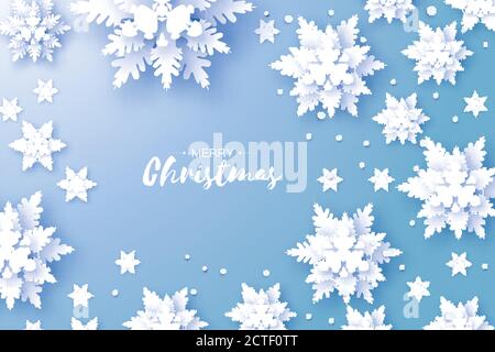 Chute de neige à l'origami. Carte de voeux pour joyeux Noël. Flocon de neige blanc coupé en papier. Bonne Année. Arrière-plan flocons de neige d'hiver. Espace pour le texte. Vacances. Illustration de Vecteur