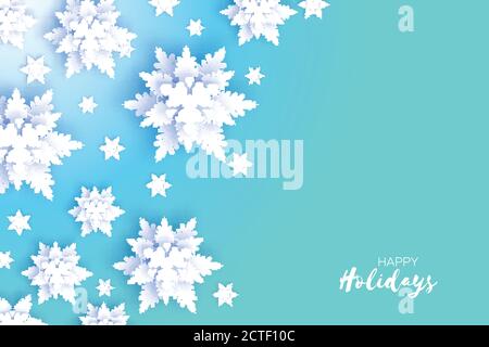 Chute de neige à l'origami. Carte de voeux pour joyeux Noël. Flocon de neige blanc coupé en papier. Bonne Année. Arrière-plan flocons de neige d'hiver. Espace pour le texte. Vacances. Illustration de Vecteur