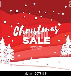 Joyeux Noël grandes ventes pour la promotion. Flocons de neige coupés en papier et sapin de Noël. Décorations de sculpture à l'origami. Chute de neige et Fir. Texte. Paysage. Rouge b Illustration de Vecteur