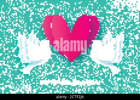 Carte de vœux de Saint-Valentin origami. Flying Love Birds en papier coupé. Un couple de colombes en amour. Coeur rose romantique. Deux pigeons blancs Illustration de Vecteur