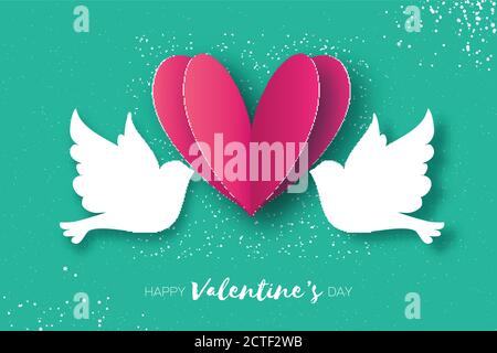Carte de vœux de Saint-Valentin origami. Flying Love Birds en papier coupé. Un couple de colombes en amour. Coeur rose romantique. Deux pigeons blancs Illustration de Vecteur