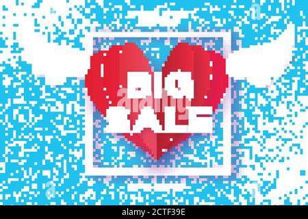 Offre de vente de la Saint-Valentin, modèle de bannière. Grande vente. Ailes d'ange à l'origami. Cœur rouge. Amour. Coeur à ailes avec coupe de papier. Cadre carré. Texte. Romain Illustration de Vecteur