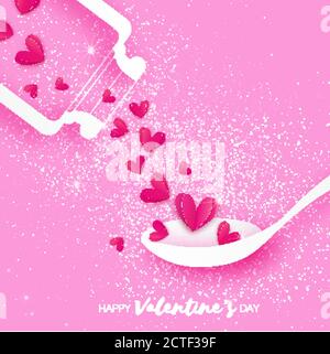 J'adore elixir. Chimie de l'amour. Coeurs roses avec coupe en papier. Tube à essai avec liquide Love. Cuillère. Carte romantique à l'origami pour une bonne Saint Valentin. Chimique Illustration de Vecteur