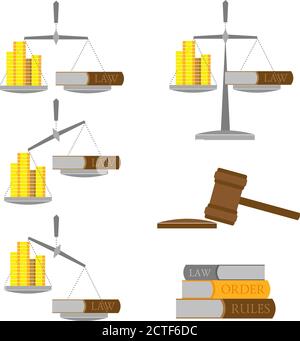 Ensemble d'équilibre avec l'argent (pièces d'or) et le livre de loi. Dans différentes positions. Quelques livres et juges gavel. Icônes de droit et de droit. Clip vectoriel de style plat a Illustration de Vecteur