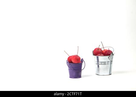 deux seaux de pommes isolés sur fond blanc. Concept de jardinage d'automne. Image horizontale. L'image contient de l'espace de copie Banque D'Images