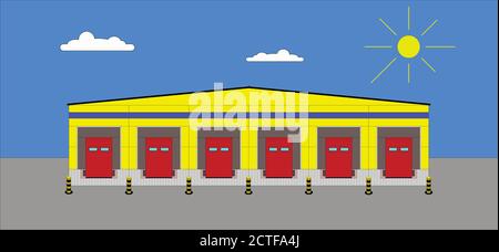 Grand entrepôt de distribution avec portes pour le chargement des marchandises. Illustration de Vecteur