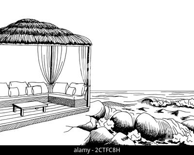 Illustration d'un croquis de paysage noir blanc du pavillon d'art graphique de la côte de mer vecteur Illustration de Vecteur