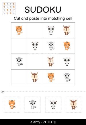 Sudoku jeu pour enfants avec des images. Feuille d'activités pour enfants. Jeu assorti pour les enfants avec de jolis animaux de dessin animé. Feuille de travail de développement de l'éducation. Journal Illustration de Vecteur