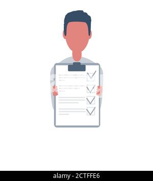 Homme d'affaires ou commis. Personnage masculin dans un style simple et tendance avec des objets, illustration plate. Concept d'entreprise. Isolé sur fond blanc. Illustration de Vecteur