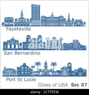 Villes des États-Unis - San Bernardino, Fayetville, Port St. Lucie. Architecture détaillée. Illustration vectorielle tendance. Illustration de Vecteur