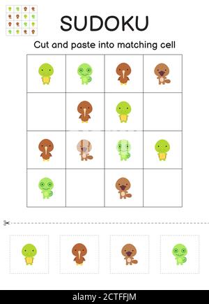 Sudoku jeu pour enfants avec des images. Feuille d'activités pour enfants. Jeu assorti pour les enfants avec de jolis animaux de dessin animé. Feuille de travail de développement de l'éducation. Journal Illustration de Vecteur