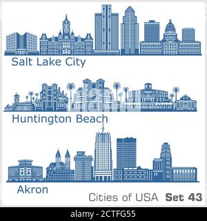 Villes des États-Unis - Huntington Beach, Salt Lake City, Akron. Architecture détaillée. Illustration vectorielle tendance. Illustration de Vecteur