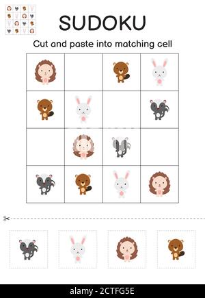 Sudoku jeu pour enfants avec des images. Feuille d'activités pour enfants. Jeu assorti pour les enfants avec les animaux de la forêt mignons. Feuille de travail de développement de l'éducation. Connexion Illustration de Vecteur