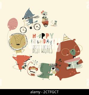 Carte d'anniversaire avec animaux mignons célébrant les vacances Illustration de Vecteur