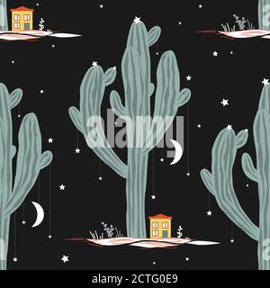 Motif vectoriel sans couture avec cactus saguaro et petites maisons. Paysage de fée mexicain, imprimé pour cartes ou textile Illustration de Vecteur