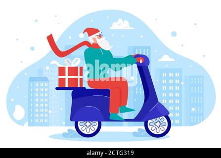 Illustration vectorielle cadeau de père Noël. Dessin animé plat Xmas coursier caractère équitation scooter, travaillant dans Noël présent boîte cadeau livraison, magasin en ligne service d'expédition de vacances isolé sur blanc Illustration de Vecteur