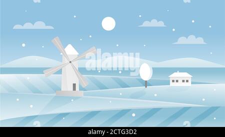 Illustration vectorielle paysage d'hiver. Panorama à ciel plat snowscape avec moulin à vent du village et maison de ferme sur des collines gelées couvertes de neige, heure idyllique de jour dans la campagne bleu paysage Illustration de Vecteur