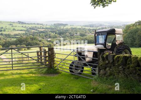 Le tracteur 880 David Brown est stationné dans un champ vert dans le Peak District Royaume-Uni Banque D'Images