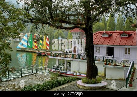 23 sept 2009 Bateaux de plaisance multicolores sur le lac Naini, Nainital, station de colline de Kumaon district Uttaracharhal ; Uttarakhand ; Inde ; asie Banque D'Images