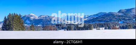 Nouvelle neige fraîche et après-midi d'hiver froid à Allgäu - belles impressions des montagnes bavaroises. Banque D'Images