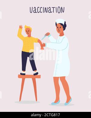 l'infirmière de l'hôpital vaccine un enfant garçon. Vaccination de routine. Protection contre la grippe, coronavirus. Seringue, uniforme. Illustration du vecteur de dessin animé Illustration de Vecteur