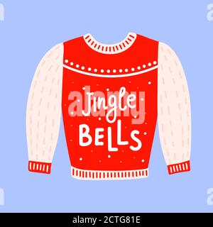 Chandail traditionnel de Noël laid avec des cloches de Jingle lettering. Des vêtements de vacances amusants avec un joli imprimé. Illustration de Vecteur